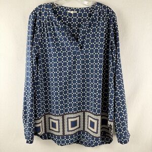 Pleione Anthropologie Blouse Sz XL Navy Geometric Print Career Office Relaxed